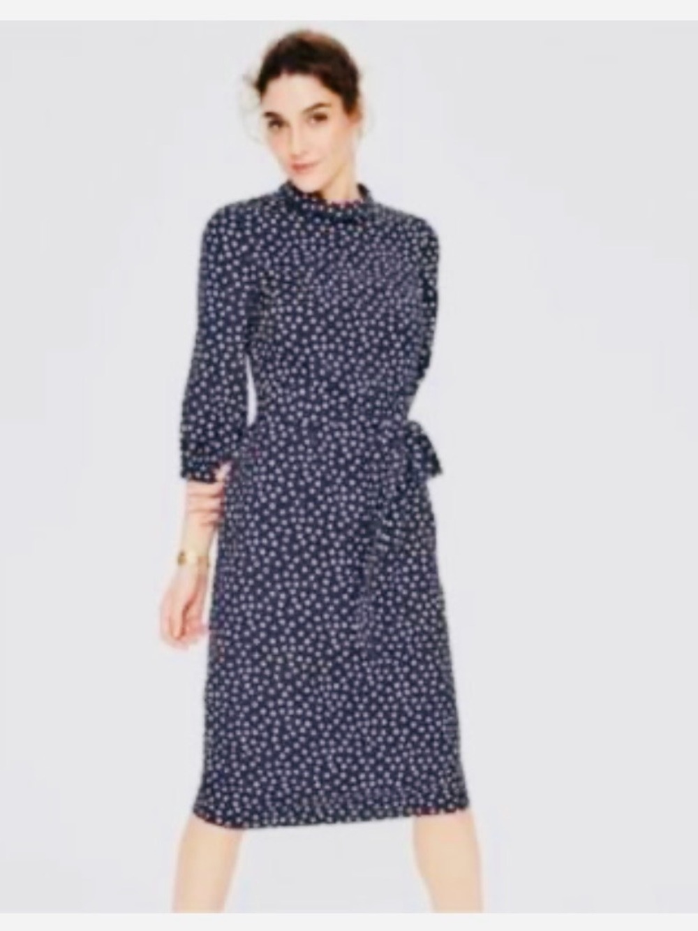 Boden Navy and White Polka Dot Tie-Waist Midi Dress